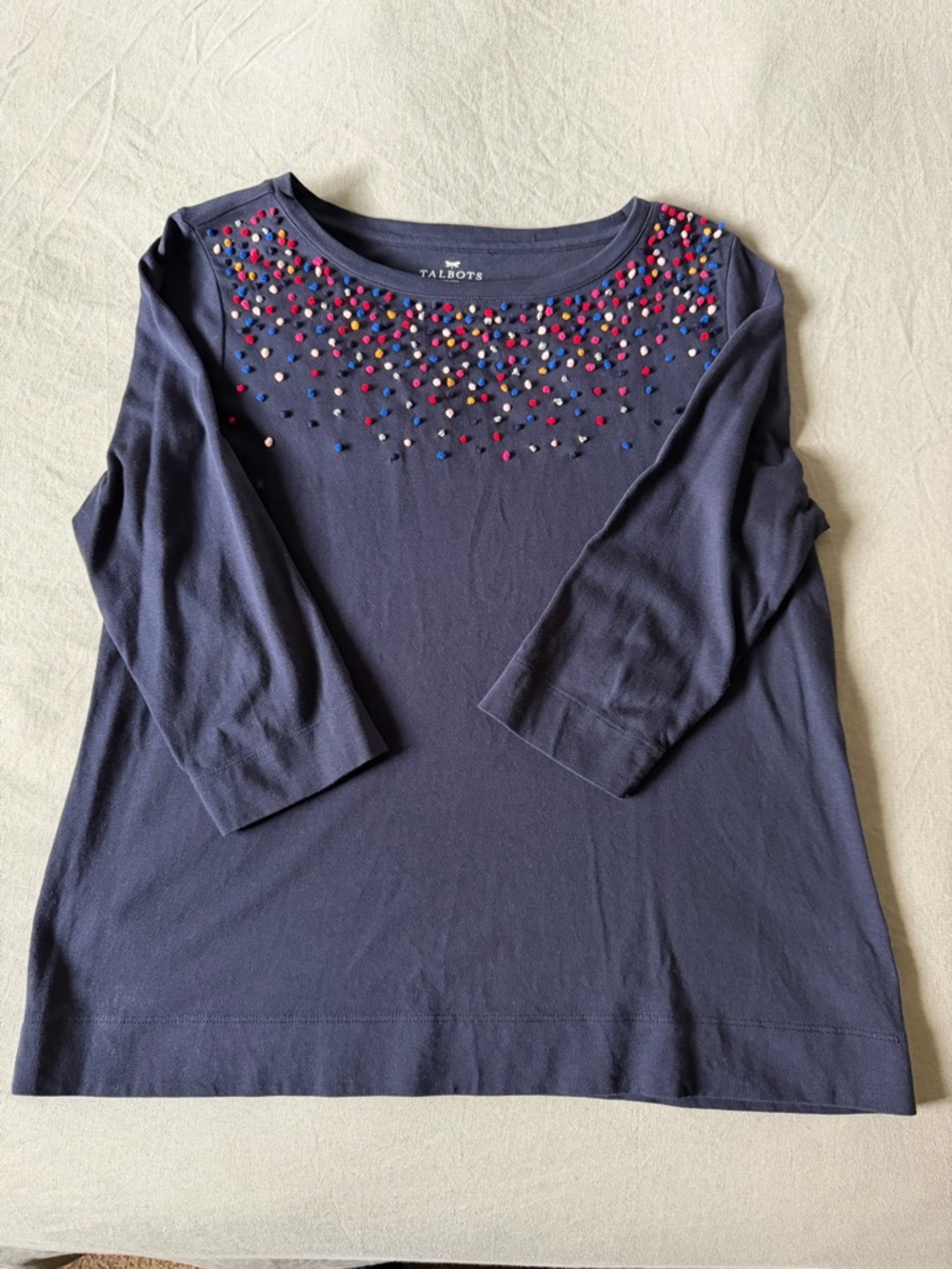 Talbots Navy 3/4 Sleeve Scoop Neck Top with Multicolor French Knot Detail
